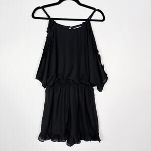 She + Sky Small S Black Ruffled Cold Shoulder Romper Scoop Neck Keyhole